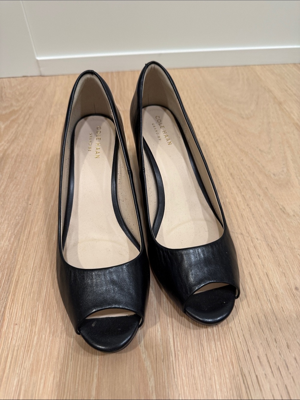 Cole Hahn Black Peep-Toe Wedge Pumps - Picture 2 of 5